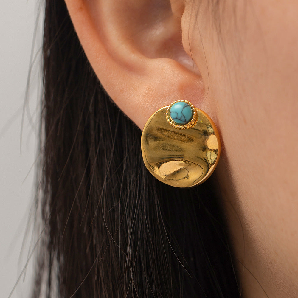 18K Gold Fashionable Exquisite Round Inlaid Lapis Lazuli Design Versatile Earrings