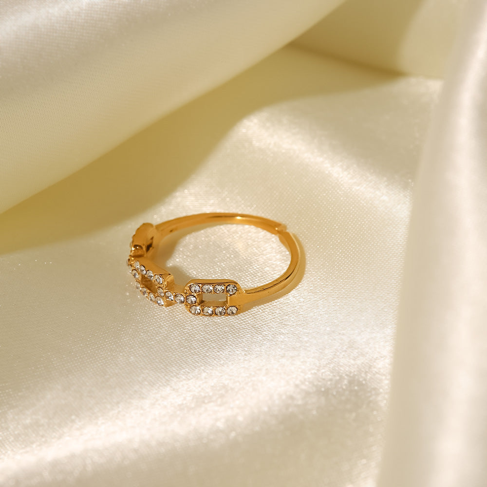 18k Gold Plated Square Link Small Diamond Delicate Stacking Ring