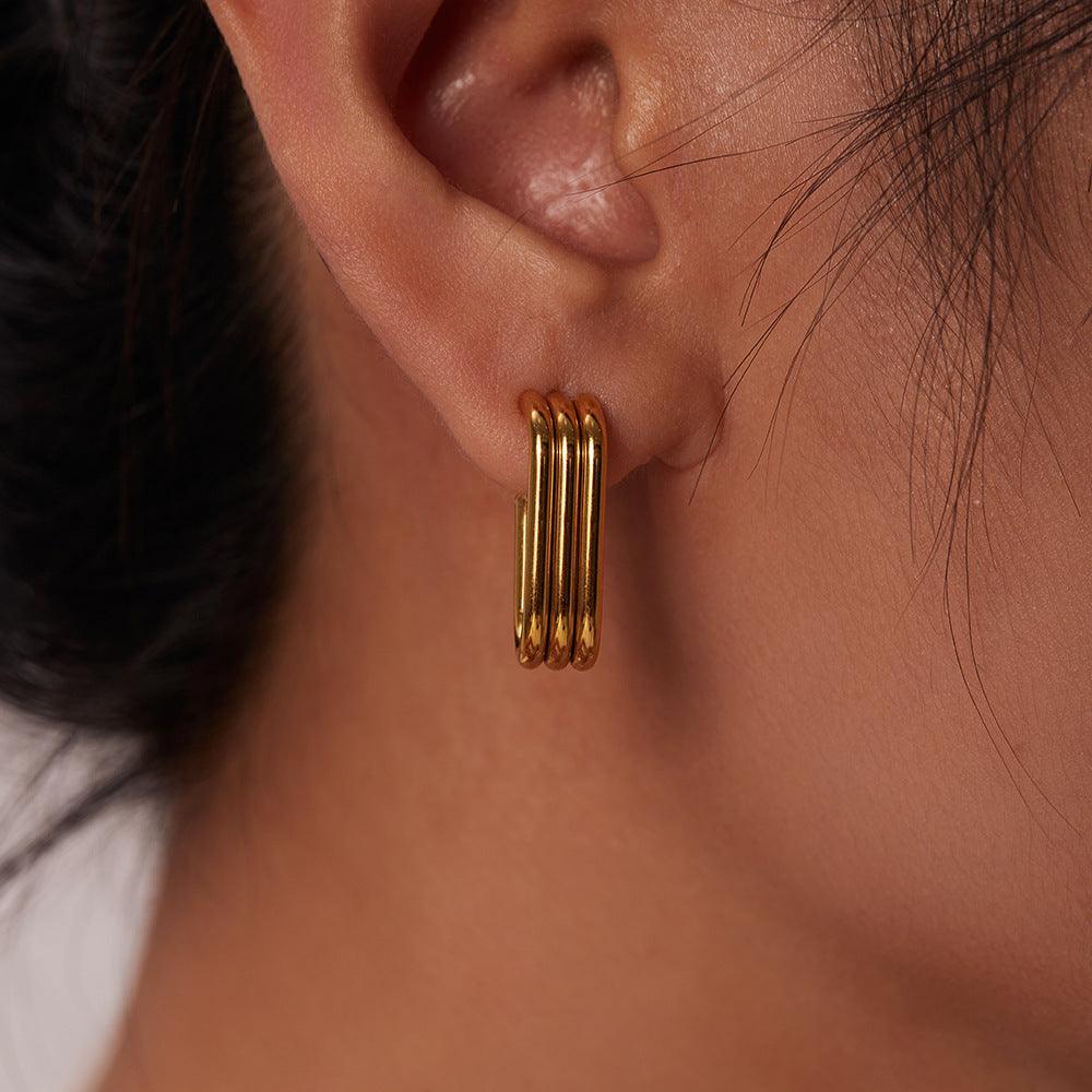 E18.18K gold three-layer ring U-shaped open earrings - Elle Royal Jewelry