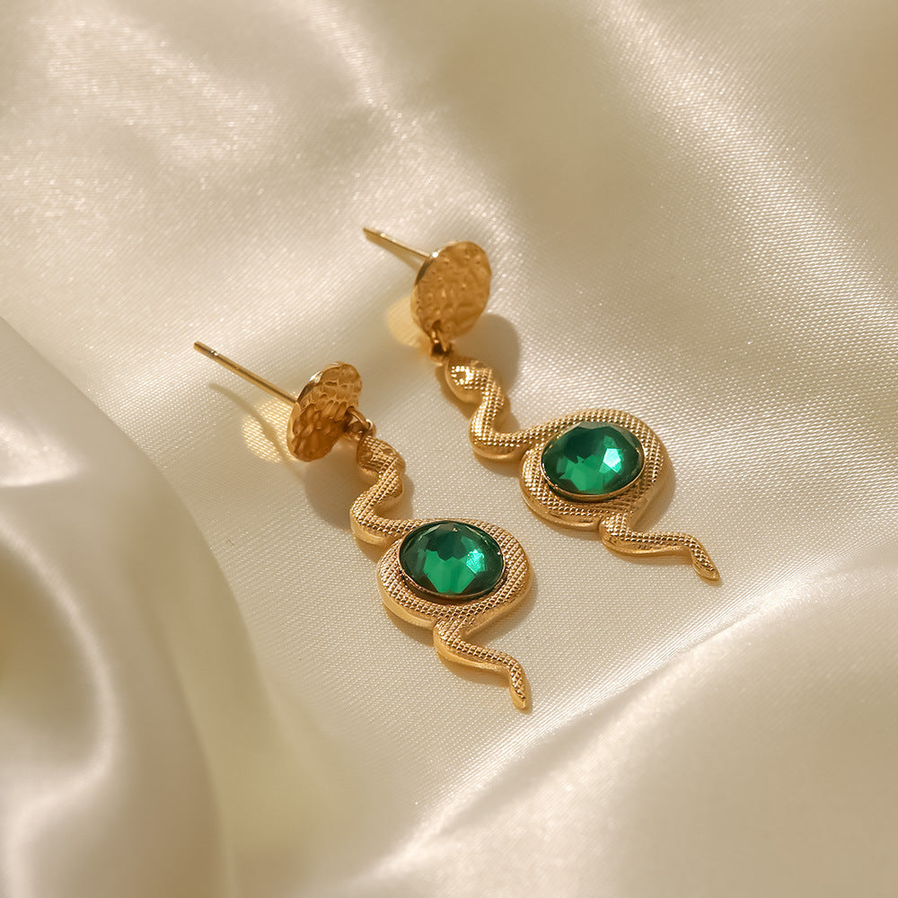18k Gold Plated Green Zircon Hammered Serpentine Drop Earrings