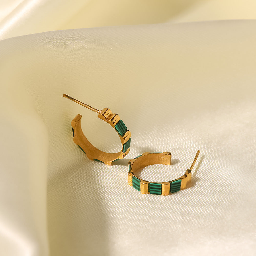 18k Gold Plated C Shape Bamboo Inlaid White Shell/Green Malachite Hoop Earrings