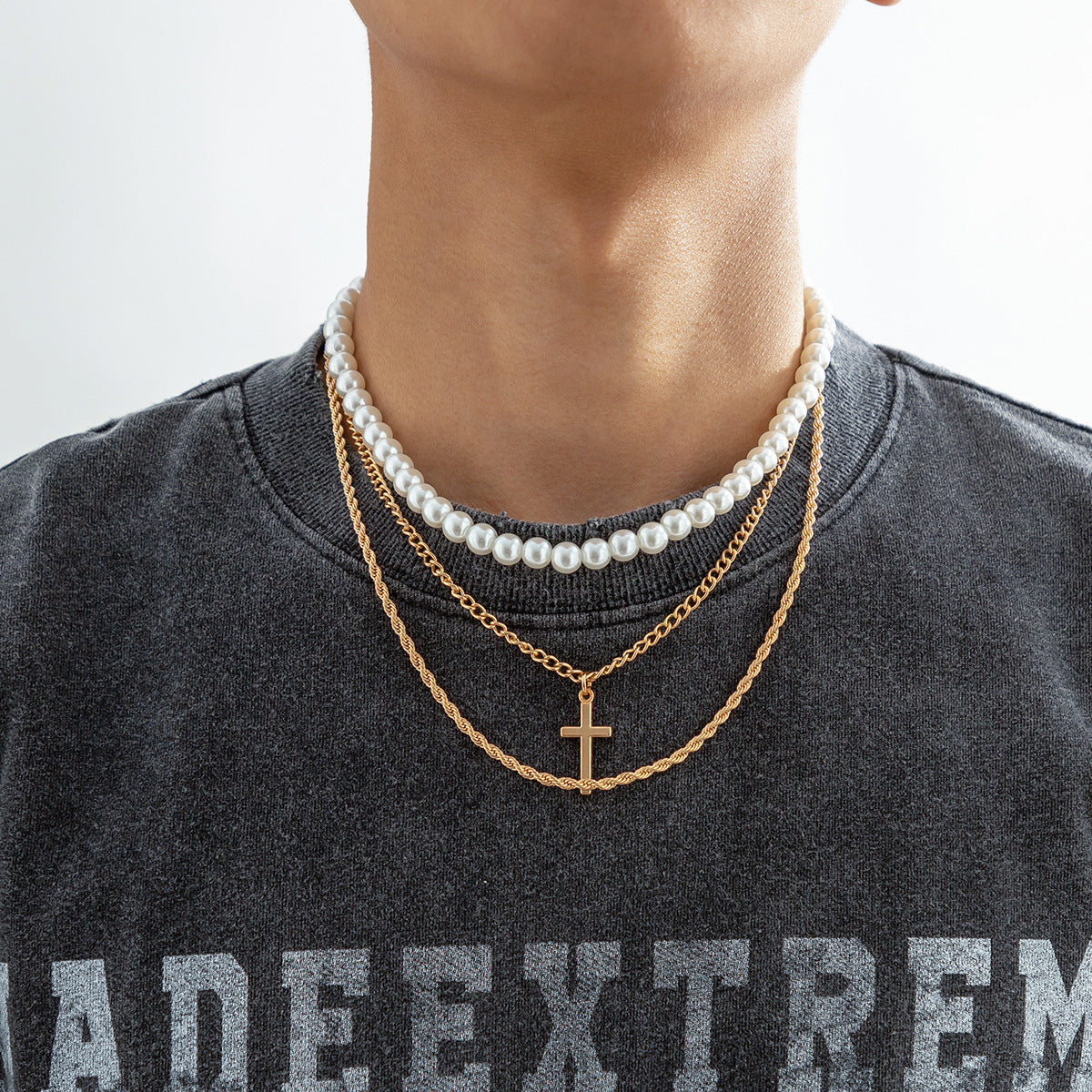 Men Classic Simple Hip-Hop Style Pearl Cross Three-Layer Stacked Versatile Necklace