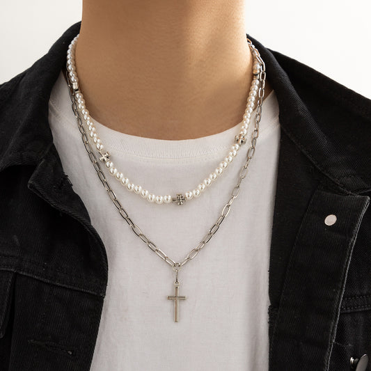 Men Retro Simple Pearl Stitching Cross Design Hip Hop Necklace