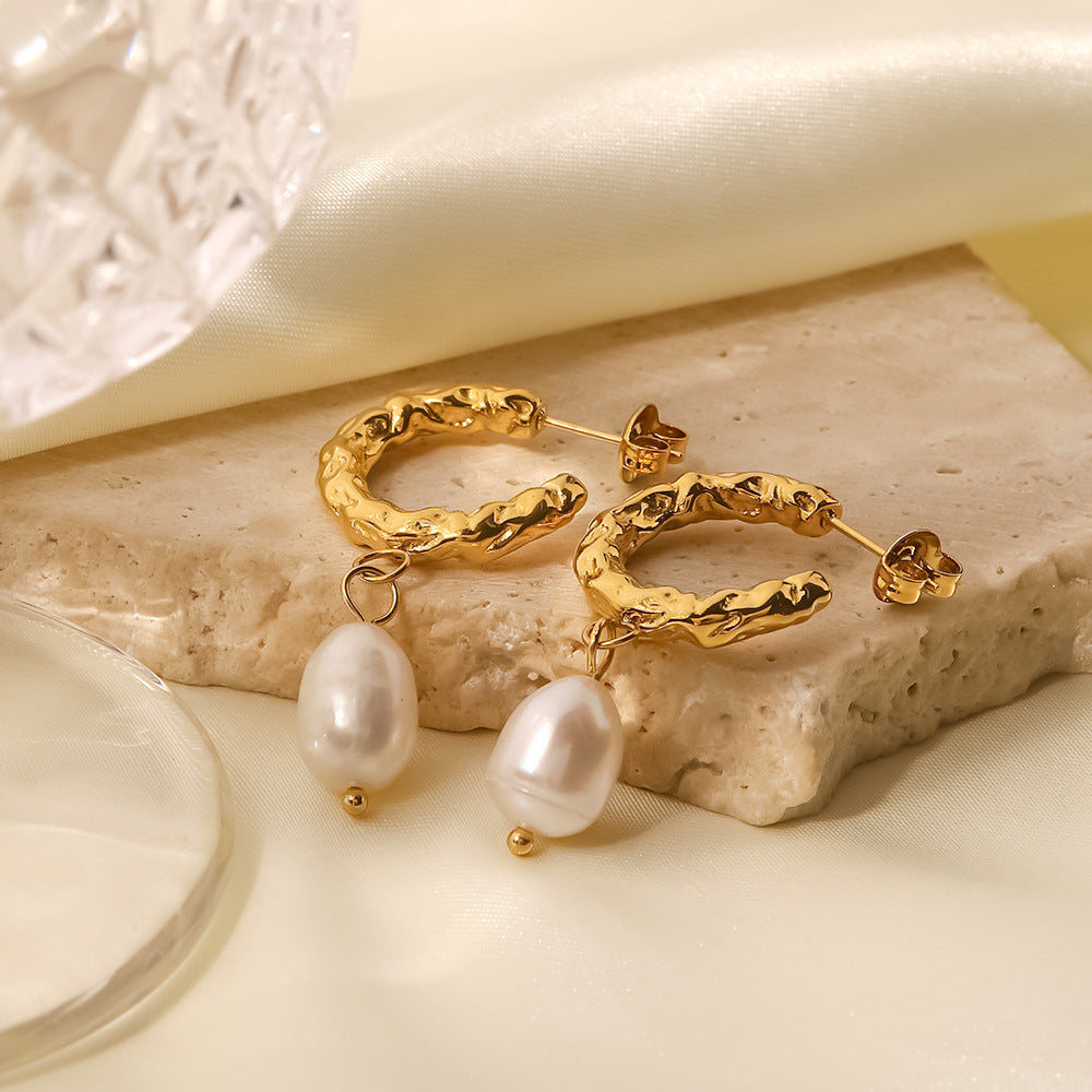 18K Gold Plated Inlaid Natural White Freshwater Pearl Earrings