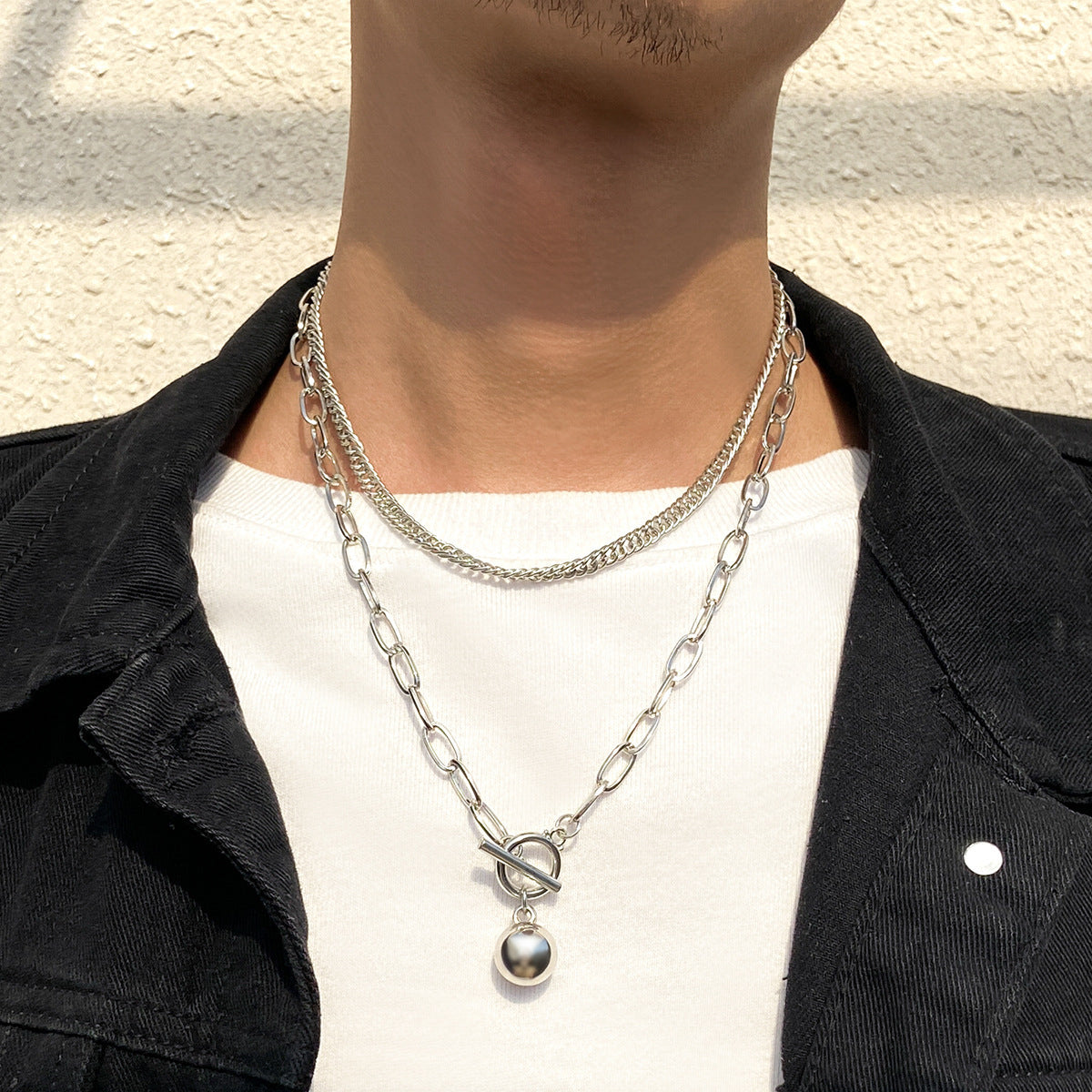 Men Fashionable personalized ball design double stacked versatile necklace