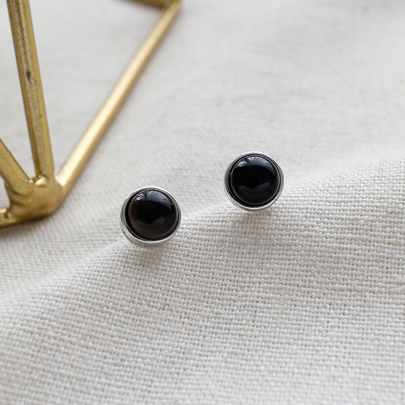 Simple Round Natural Agate 925 Sterling Silver Stud Earrings