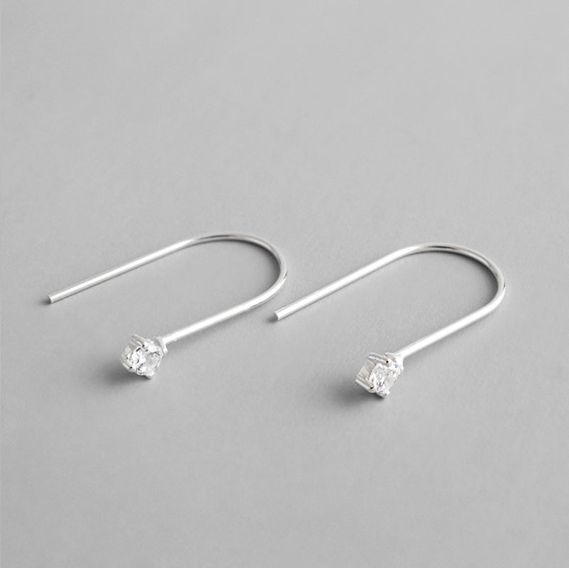 Simple U Shape CZ 925 Sterling Silver Thread Dangling Earrings
