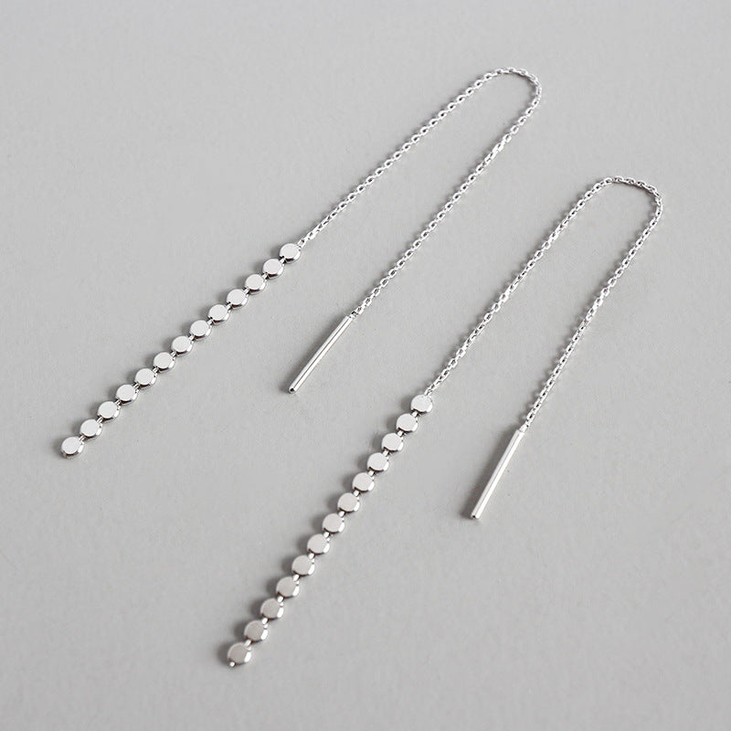 Elegant Flat Beads Tassels  925 Sterling Silver Thread Dangling Earrings