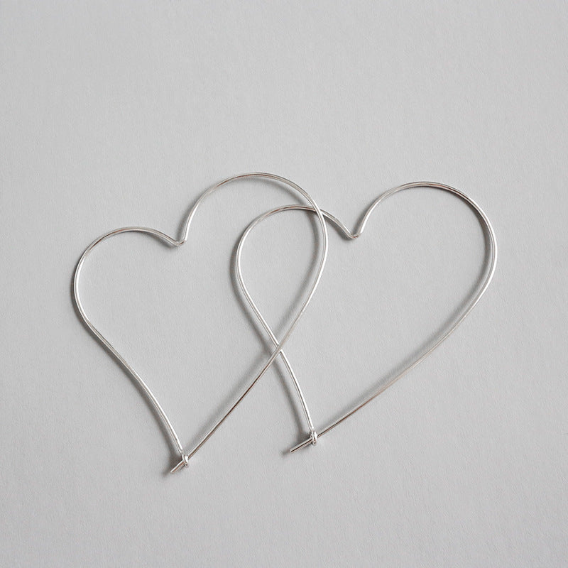Simple Hollow Big Heart 925 Sterling Silver Hoop Earrings