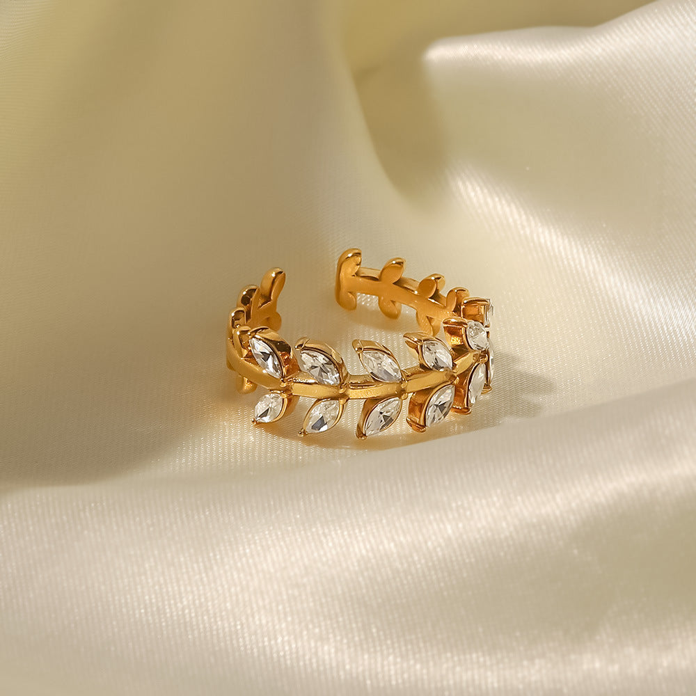18K Gold Plated White Green Zircon Leaf Ring