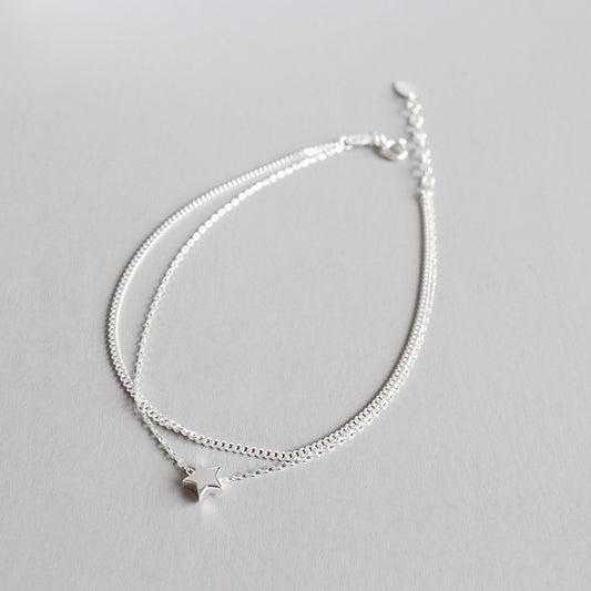 Casual Double Layers Rolo Chain Mini Star 925 Sterling Silver Anklet