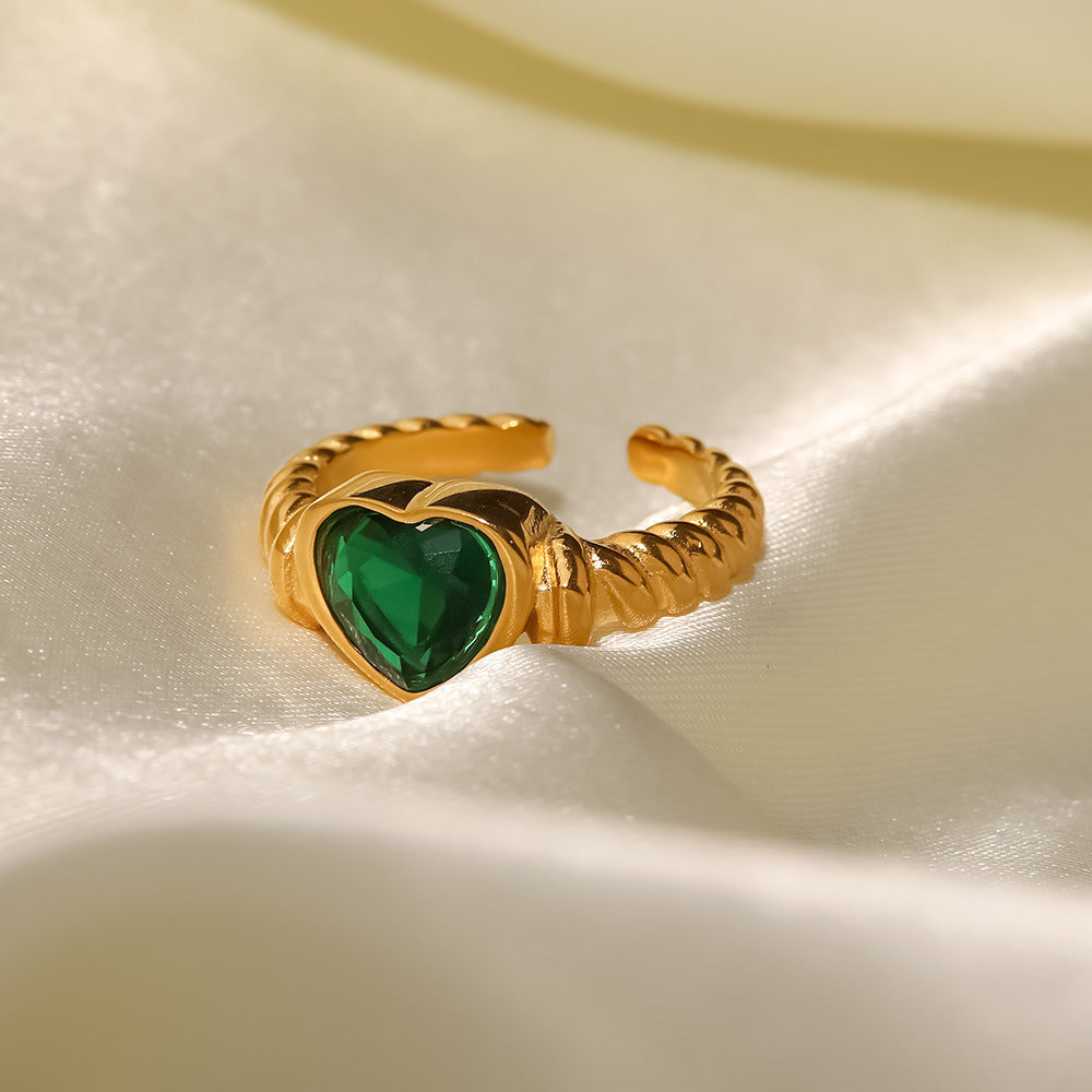 18K Gold Plated Green Love Zircon Open Ring