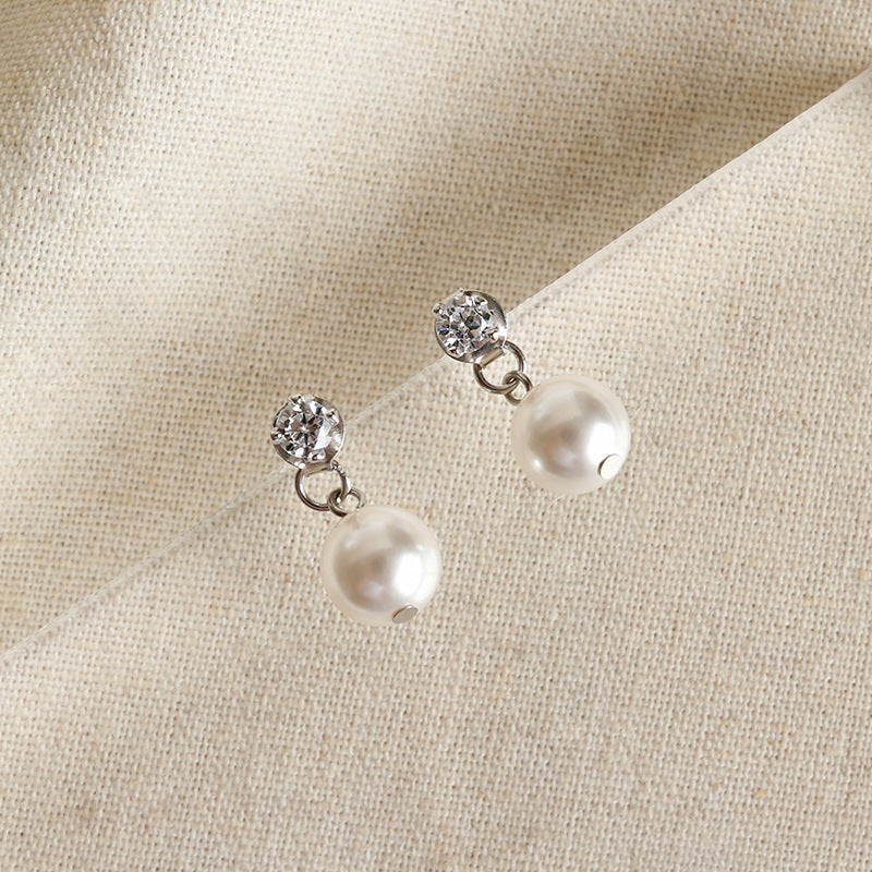 Simple Round Shell Pearls CZ 925 Sterling Silver Stud Earrings