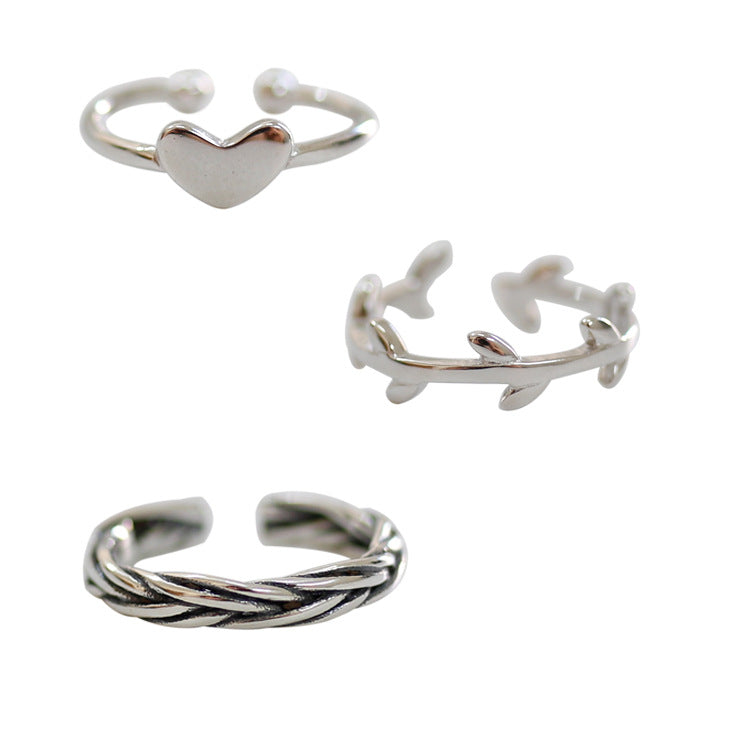Simple Heart Leaves Twisted 925 Sterling Silver Adjustable Joint Ring