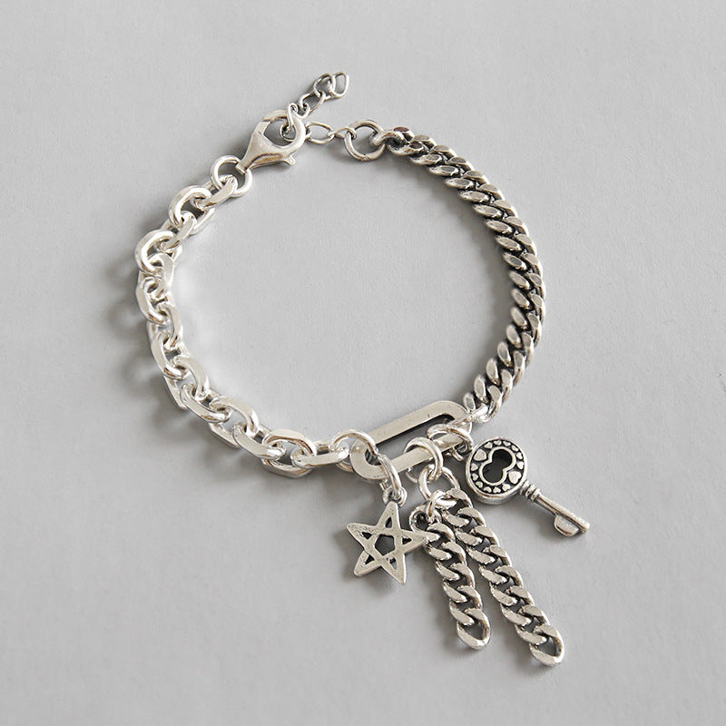 Asymmetry Curb Chain Hollow Star Key Tassels 925 Sterling Silver Bracelet