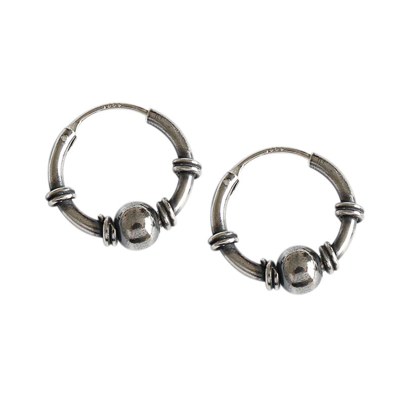 Vintage Single Beads 925 Sterling Silver Hoop Earrings