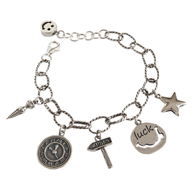Vintage Smile Star Luck Rivet Coin Hollow Chain 925 Sterling Silver Bracelet