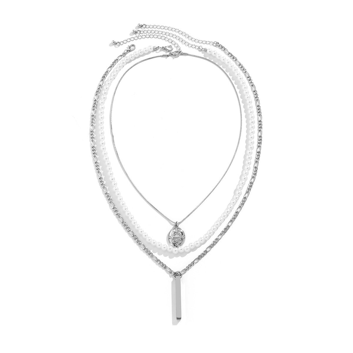 Men Fashion Multi-layered Pearl Snake Bone Chain Dragon Tag Rectangular Pendant men Necklace