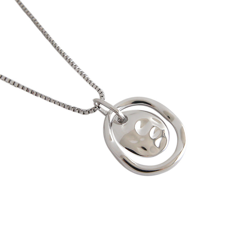 Lady Double Circle Round Tag Irregular 925 Sterling Silver Necklace
