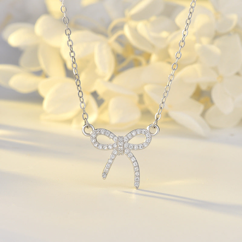 Girl Hollow CZ Bow-Knot Sweet 925 Sterling Silver Necklace