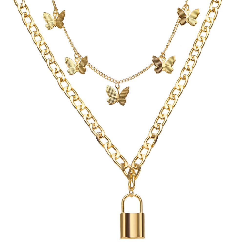 N25.Creative Lock Pendant Stacked Layered Necklace - Elle Royal Jewelry