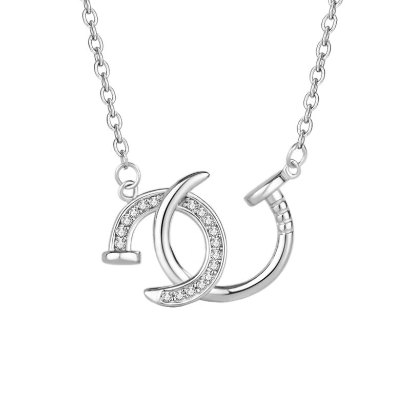 Fashion Double C Shape CZ Nail 925 Sterling Silver Necklace