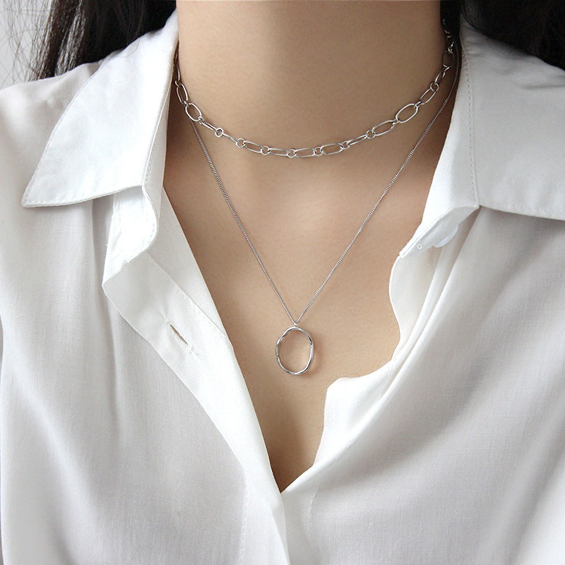 Simple Irregular Geometry Wave Circle 925 Sterling Silver Necklace