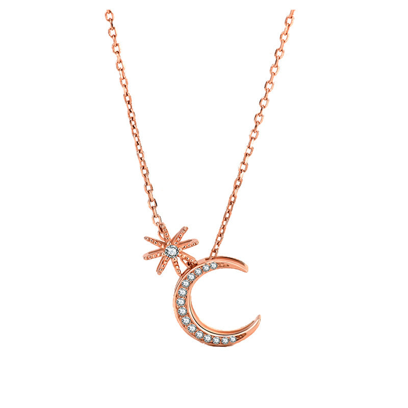 Sweet CZ Star Crescent Moon Casual 925 Sterling Silver Necklace