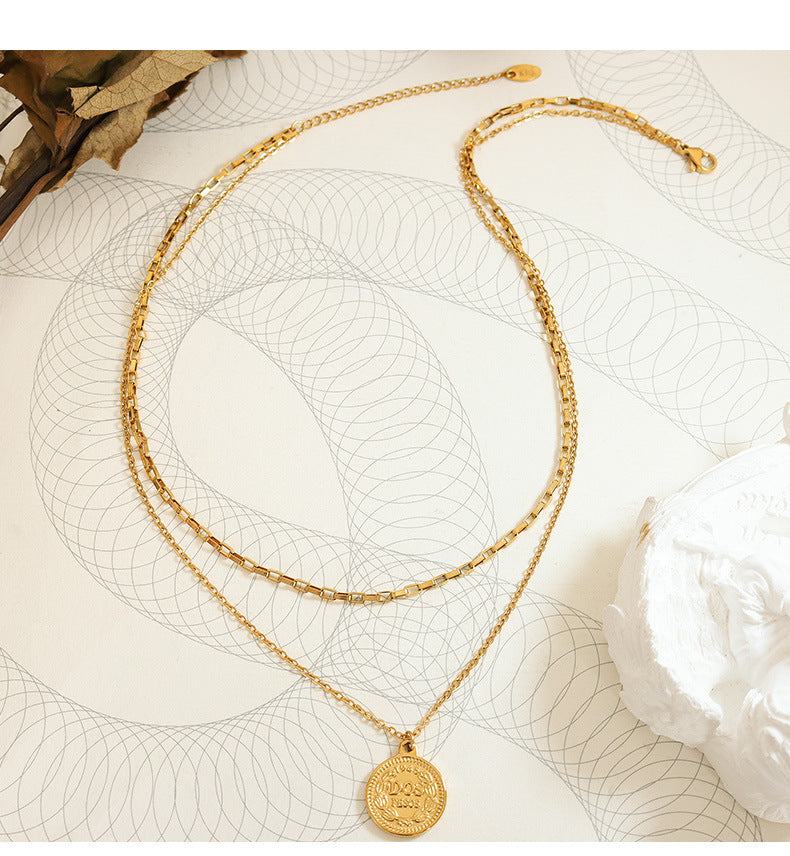 18K Gold Light Luxury Exquisite Coin Double Layer Design Necklace