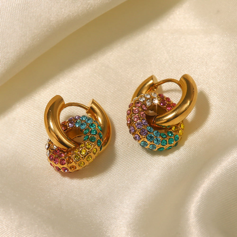 18k Gold Fashion Exquisite Colorful Diamond Donut Design Versatile Earrings "