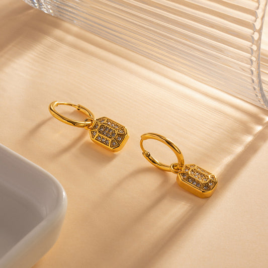 18K Gold Fashion Simple Square Diamond Pendant Design Versatile Earrings