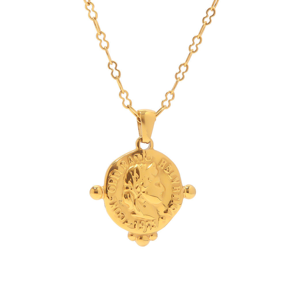 18K Gold Exquisite Fashion Embossed Goddess Coin Tag Design Necklace