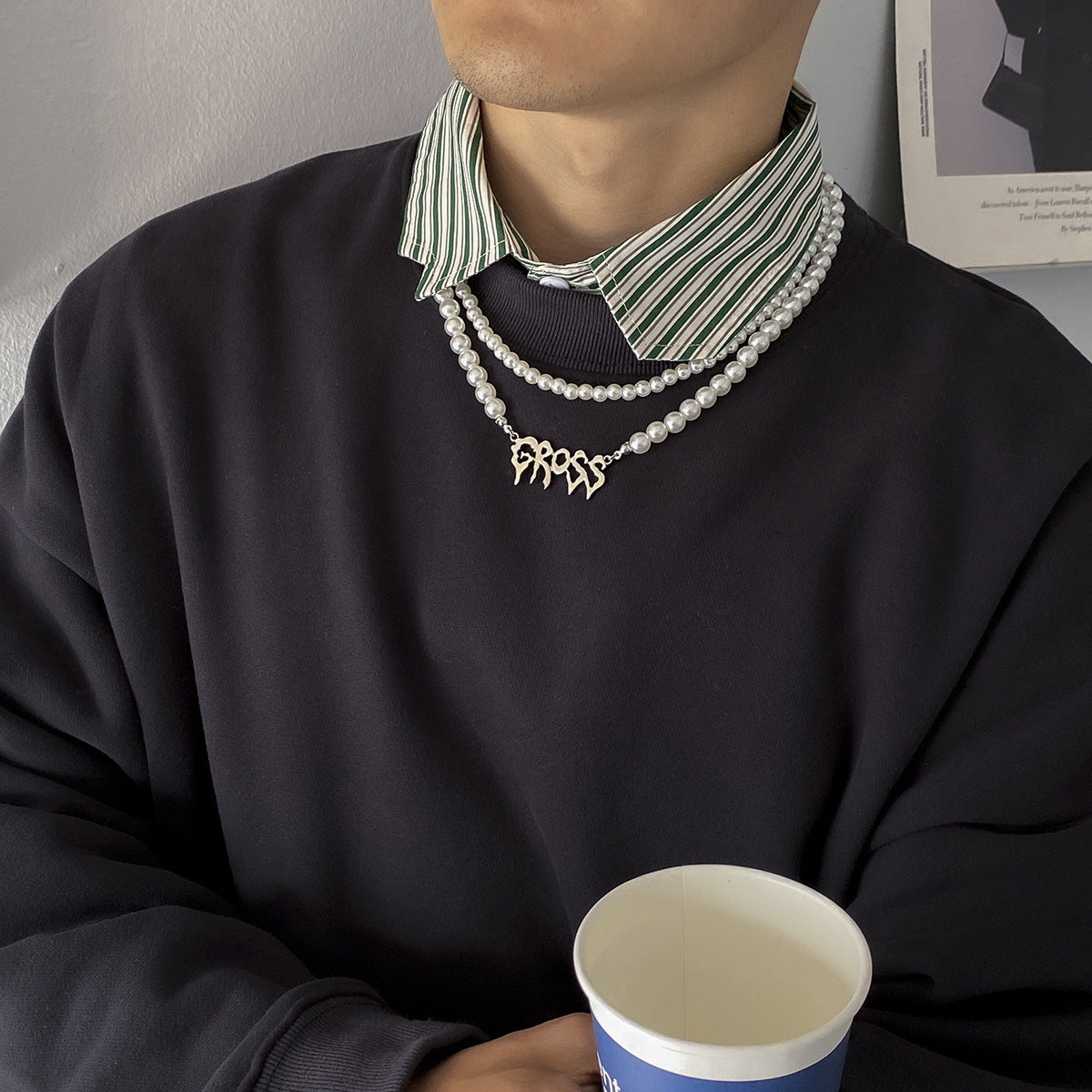 Men Fashion Simple Pearl Double Layer Design Necklace