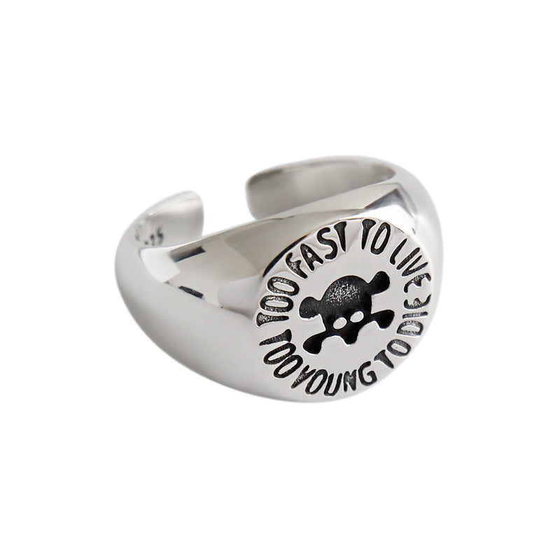 Vintage Skull Head Too fast to live too young to die Letters 925 Sterling Silver Adjustable Ring