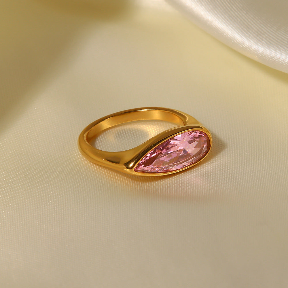 18K Fashion Simple Inlaid Oval Pink Cubic Zirconia Ring