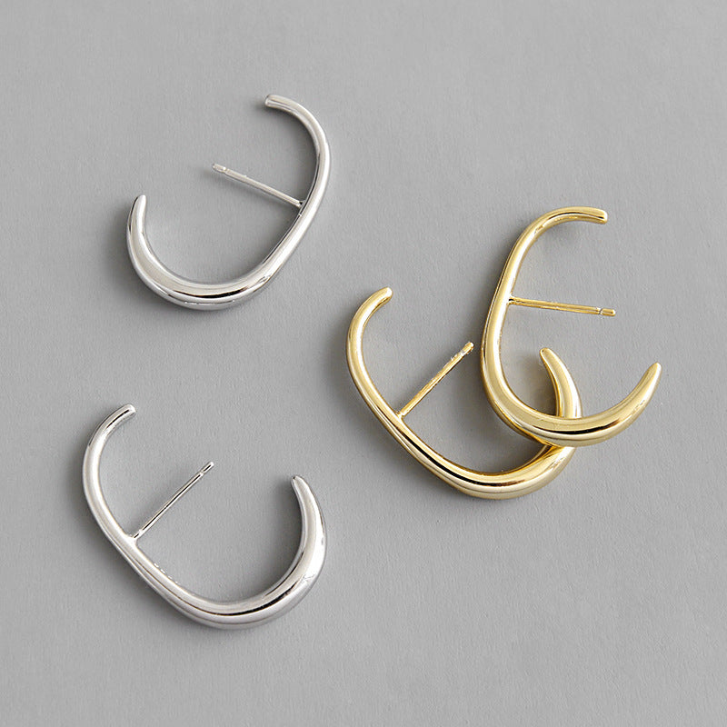 Simple Letter C Shape New 925 Sterling Silver Stud Earrings