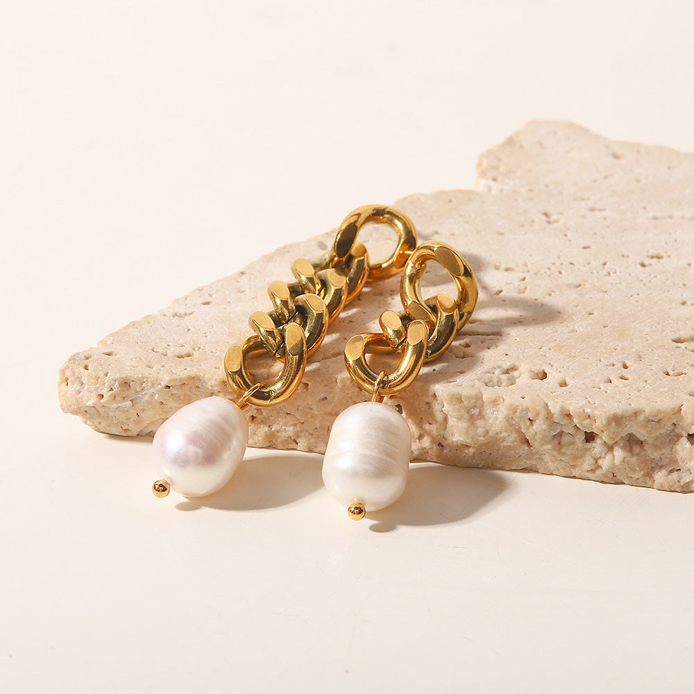 18K Gold Plated Pearl Asymmetric Chain Earrings