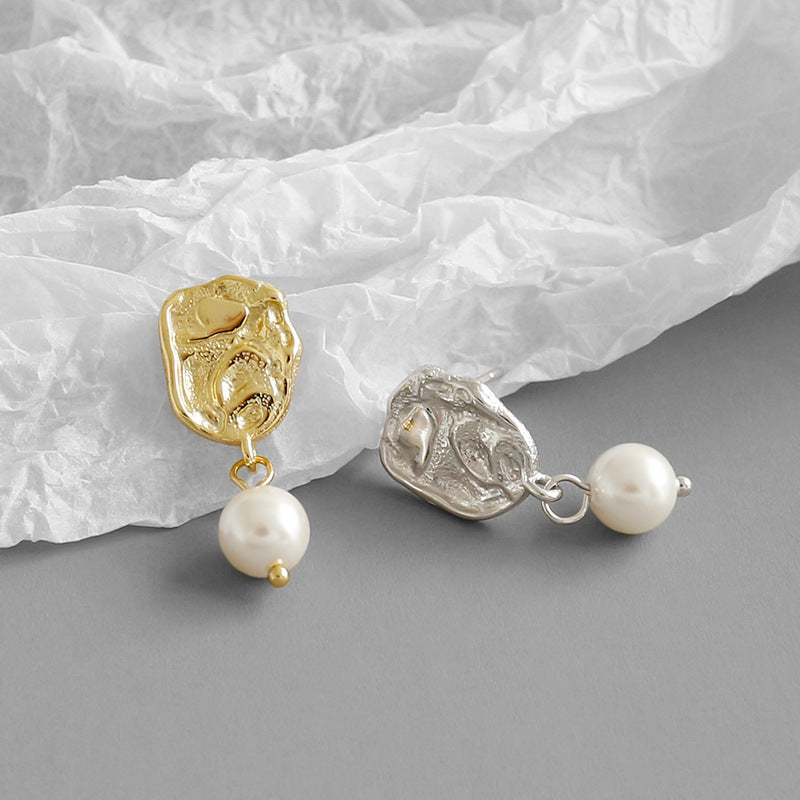Elegant Round Shell Pearl Irregular 925 Sterling Silver Dangling Earrings