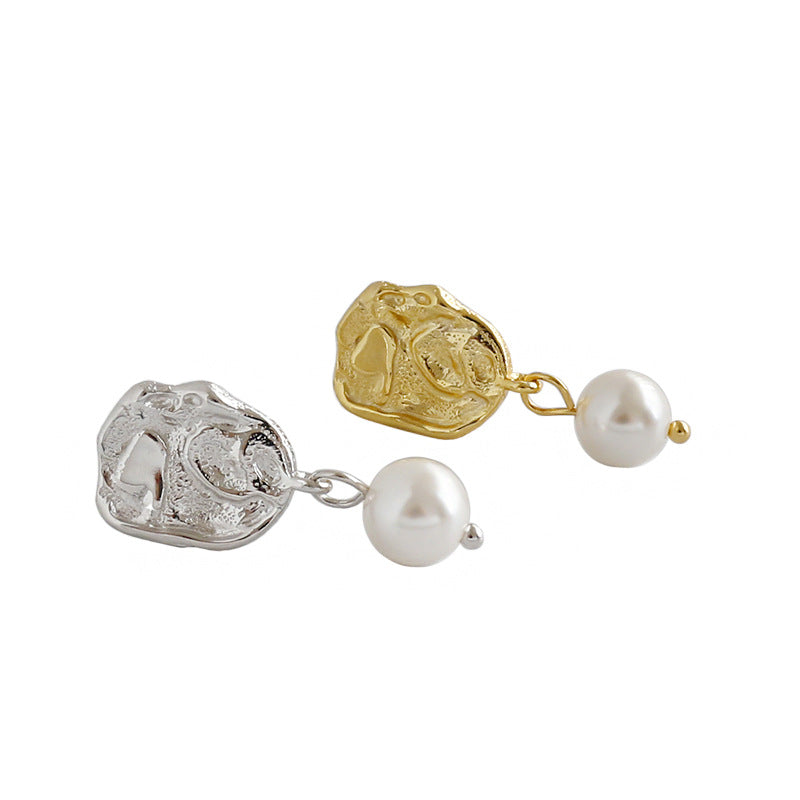 Elegant Round Shell Pearl Irregular 925 Sterling Silver Dangling Earrings