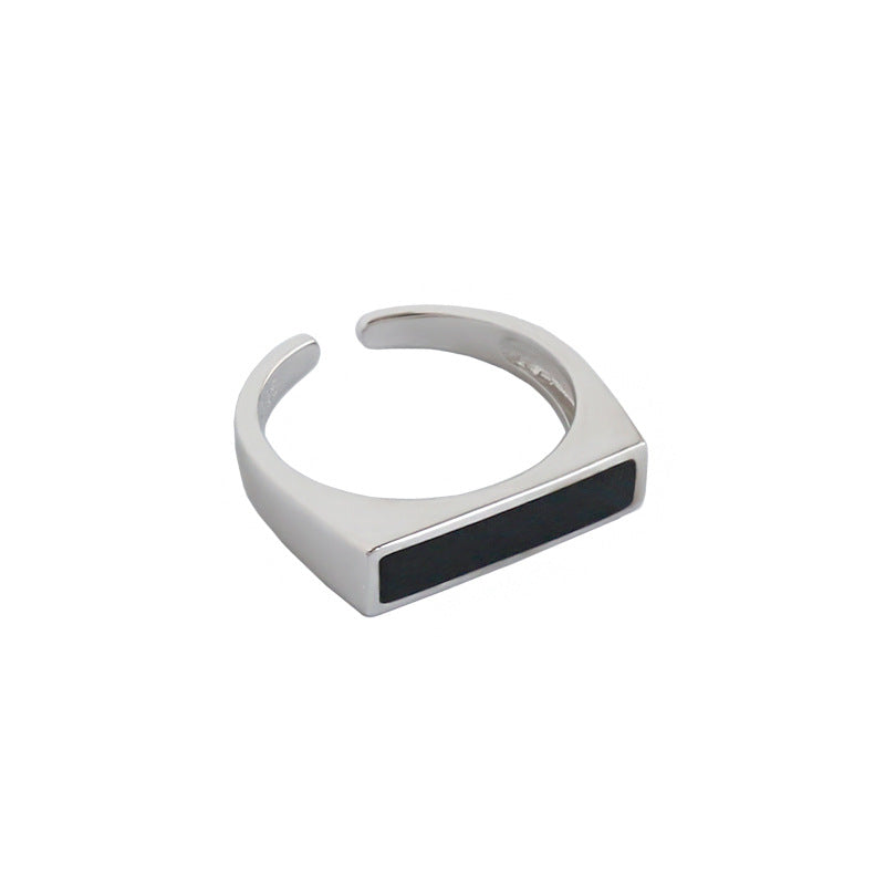 Geometry Black Rectangle 925 Sterling Silver Adjustable Ring