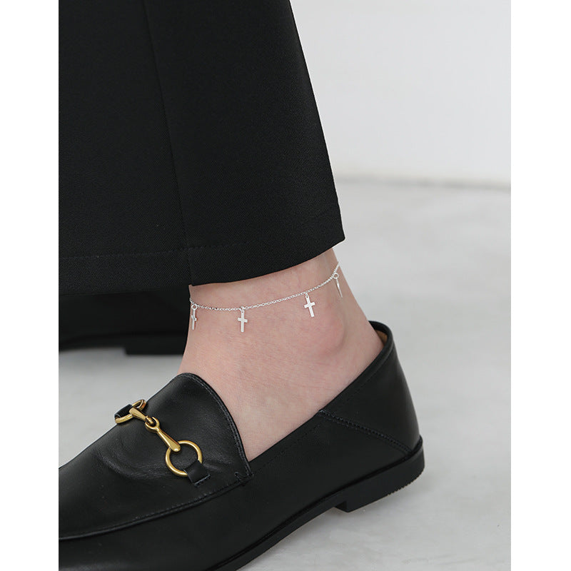 Women Mini Cross 925 Sterling Silver Anklet