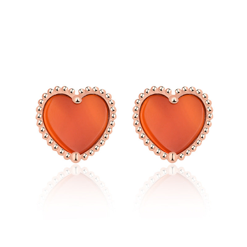 Honey Moon Red Natural Agate Heart 925 Sterling Silver Stud Earrings