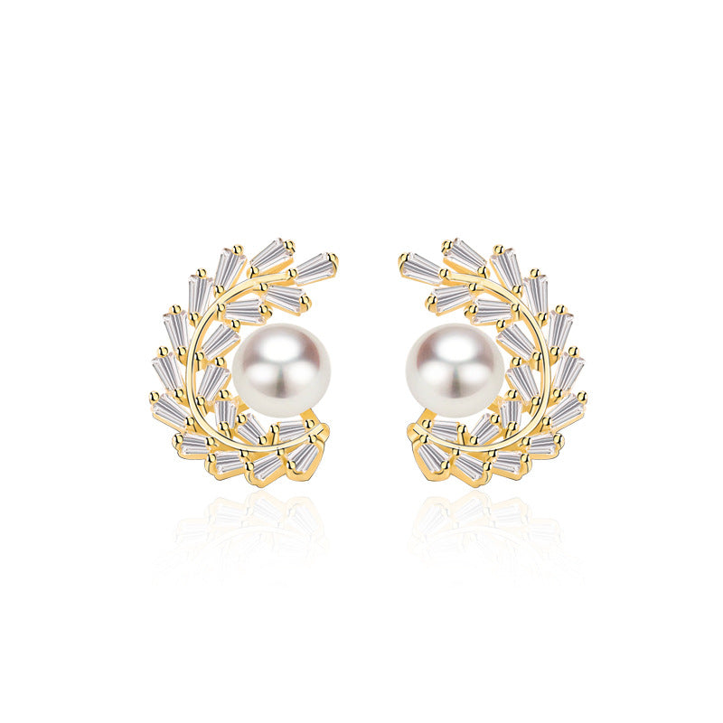 Women Shell Pearl CZ Garland 925 Sterling Silver Stud Earrings
