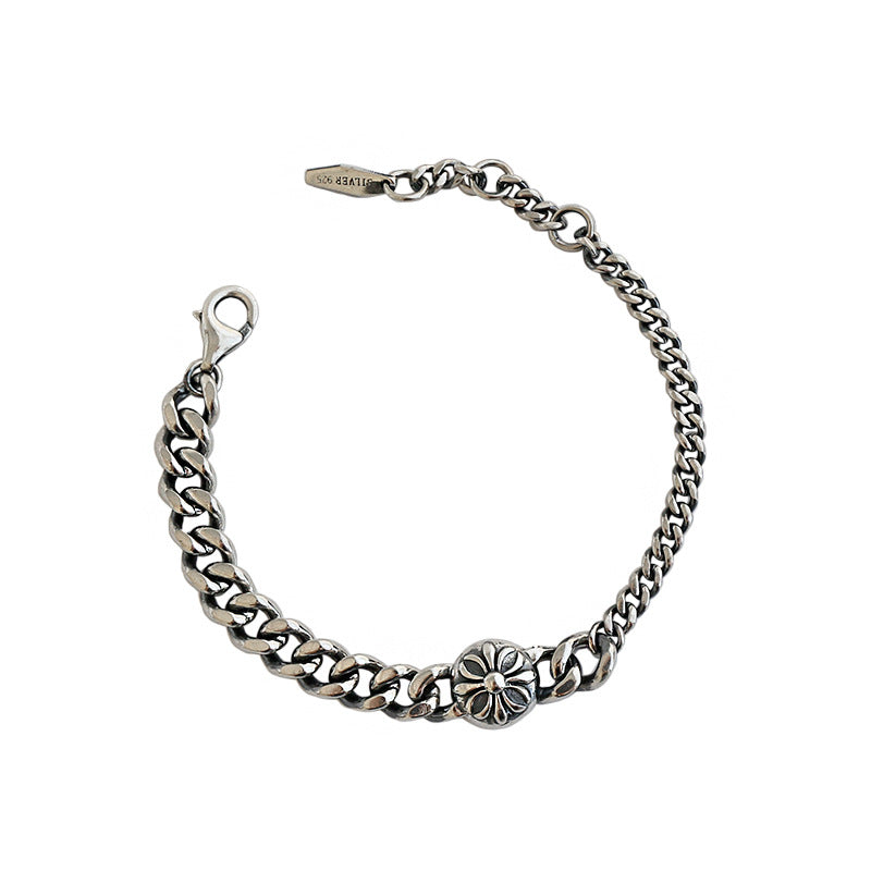 Vintage Asymmetry Chain Daisy Flower 925 Sterling Silver Bracelet