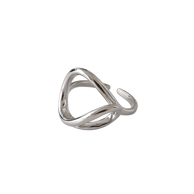 Simple Line Cross Irregular Circle 925 Sterling Silver Adjustable Ring