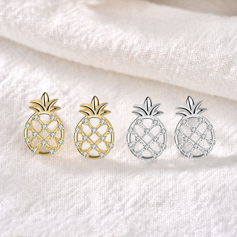 Cute CZ Hollow Pineapple Fruit 925 Sterling Silver Stud Earrings