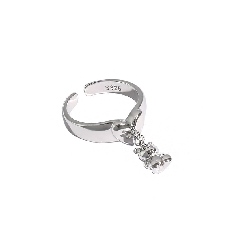 Cute Mini Bear Heart 925 Sterling Silver Adjustable Ring