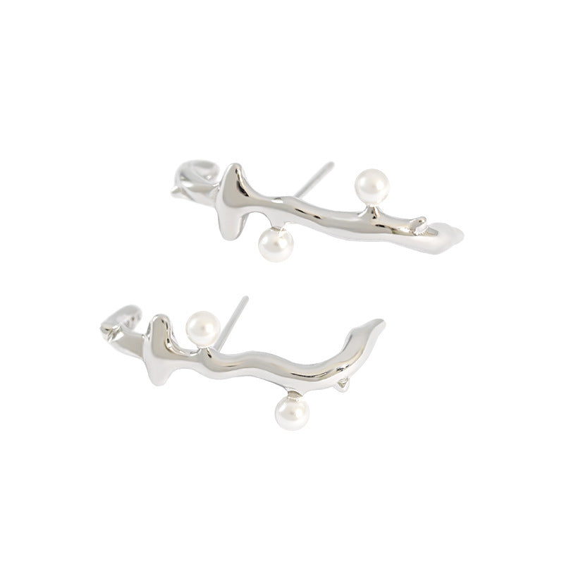 Elegant Irregular Branch Shell Pearls 925 Sterling Silver Stud Earrings