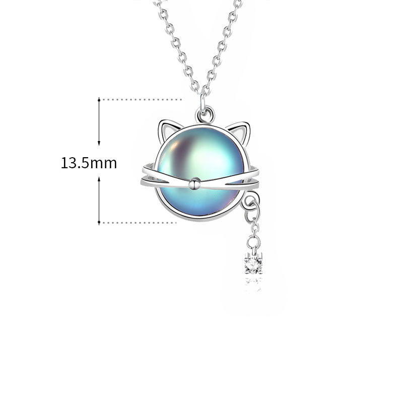 Cute Natural Moonstone Cat CZ 925 Sterling Silver Necklace