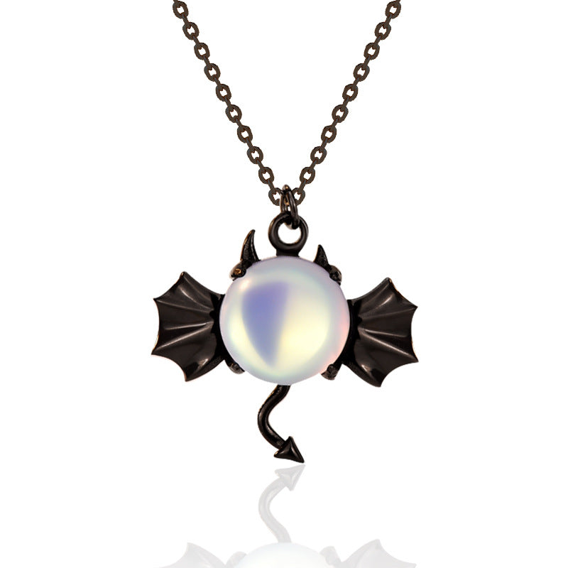 Holiday Natural Moonstone Black Bat 925 Sterling Silver Necklace